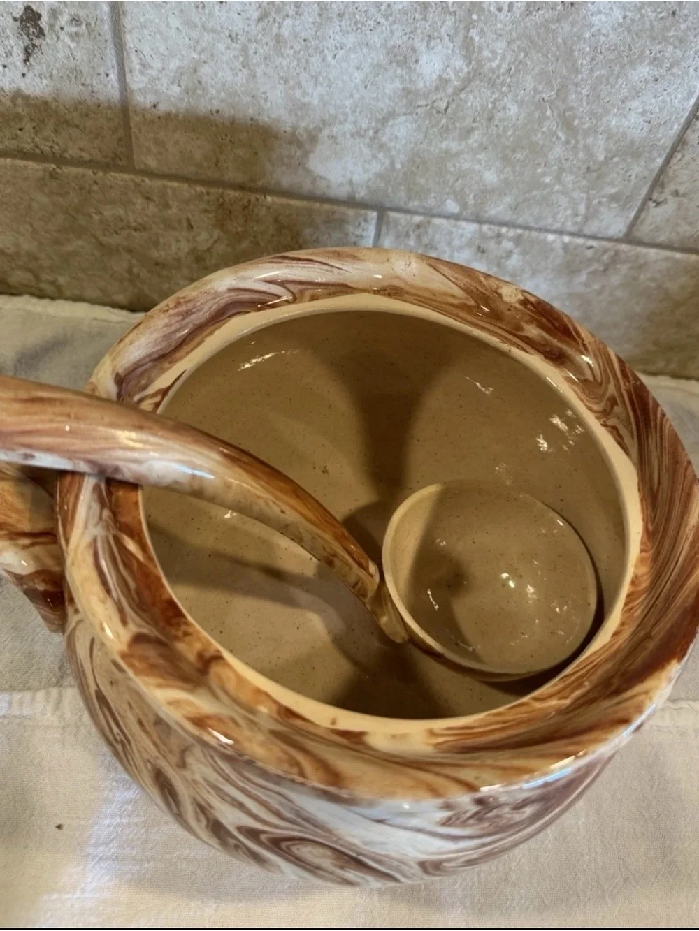Vintage Emil Cahoy Marblestone Soup Tureen Lid Ladle Brown Swirl SD